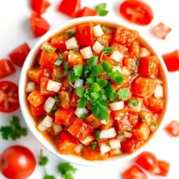 Bowl of fresh classic salsa with tomatoes, onions, and cilantro, perfect for dipping or topping dish.