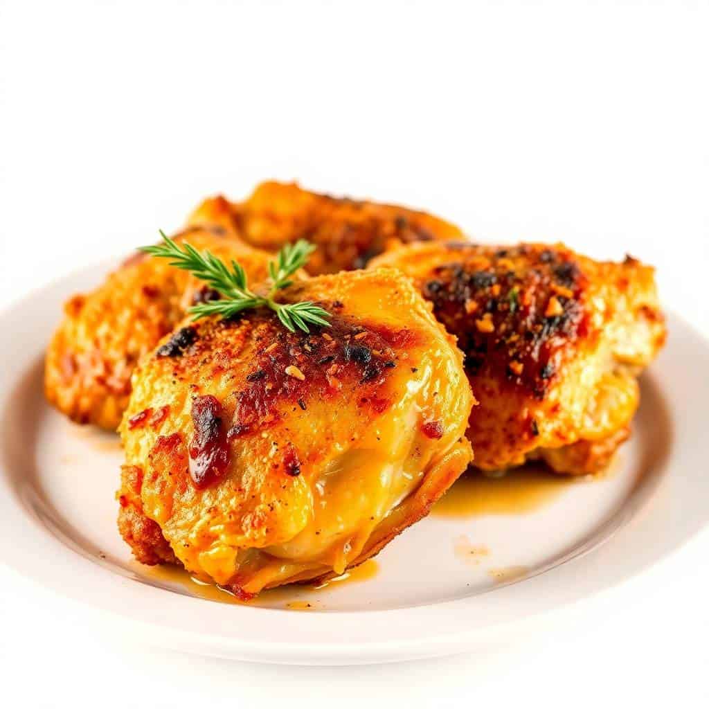 Juicy, crispy baked chicken thighs with golden skin and herbs on a white plate.