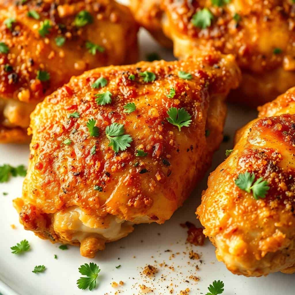 Crispy oven-baked chicken thighs garnished with herbs on a white plate.