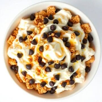 Delicious crunch dessert salad with whipped cream, cookie crumbles, and chocolate chips. Perfect for.
