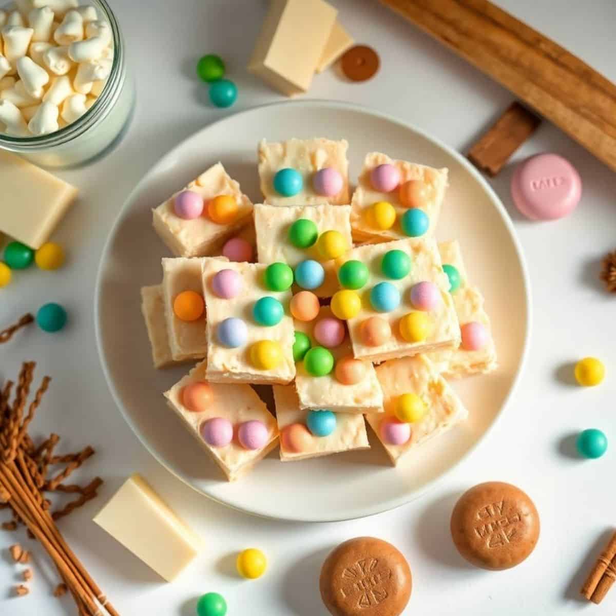 Colorful Easter candy fudge with pastel sprinkles and chocolates.