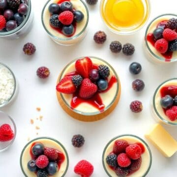 Delicious mini cheesecake cups topped with fresh berries and fruit, perfect for dessert or snack.