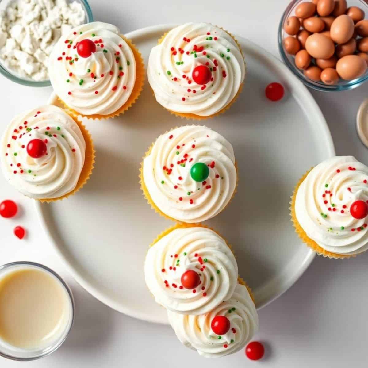Delicious Christmas vanilla cupcakes decorated with sprinkles and cherries for holiday celebrations.