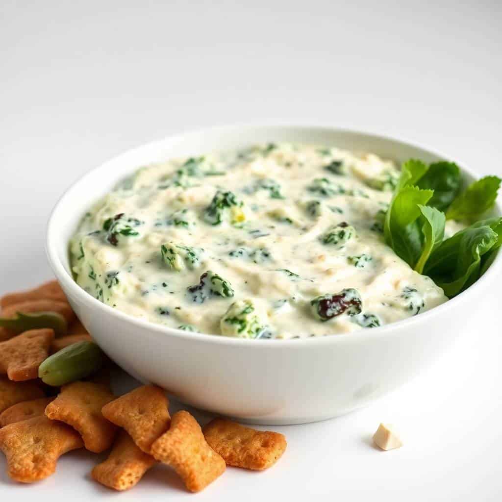 Spinach artichoke dip in a white bowl with fresh greens, served with crackers and breadsticks.