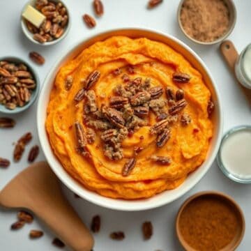 Delicious sweet potato casserole topped with pecans and brown sugar. Perfect for holiday dinners.