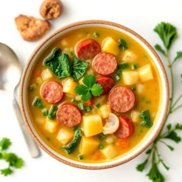 Delicious Zuppa Toscana with sausage, potatoes, and kale in a bowl.