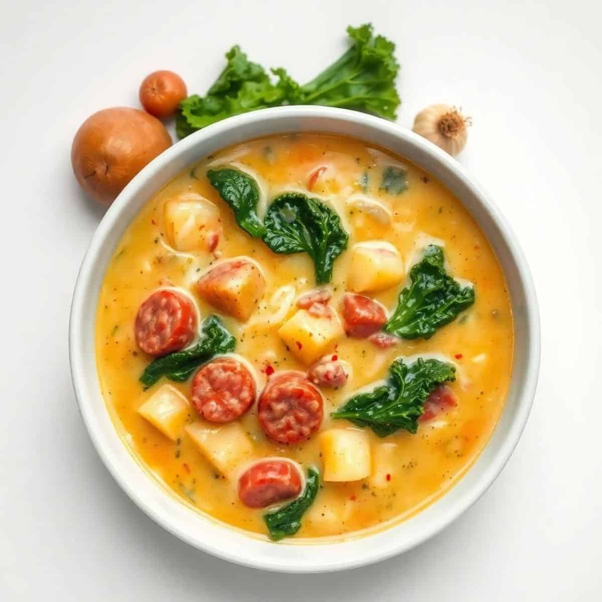Delicious Zuppa Toscana featuring sausage, potatoes, and kale in a rich, creamy broth. Perfect for c.