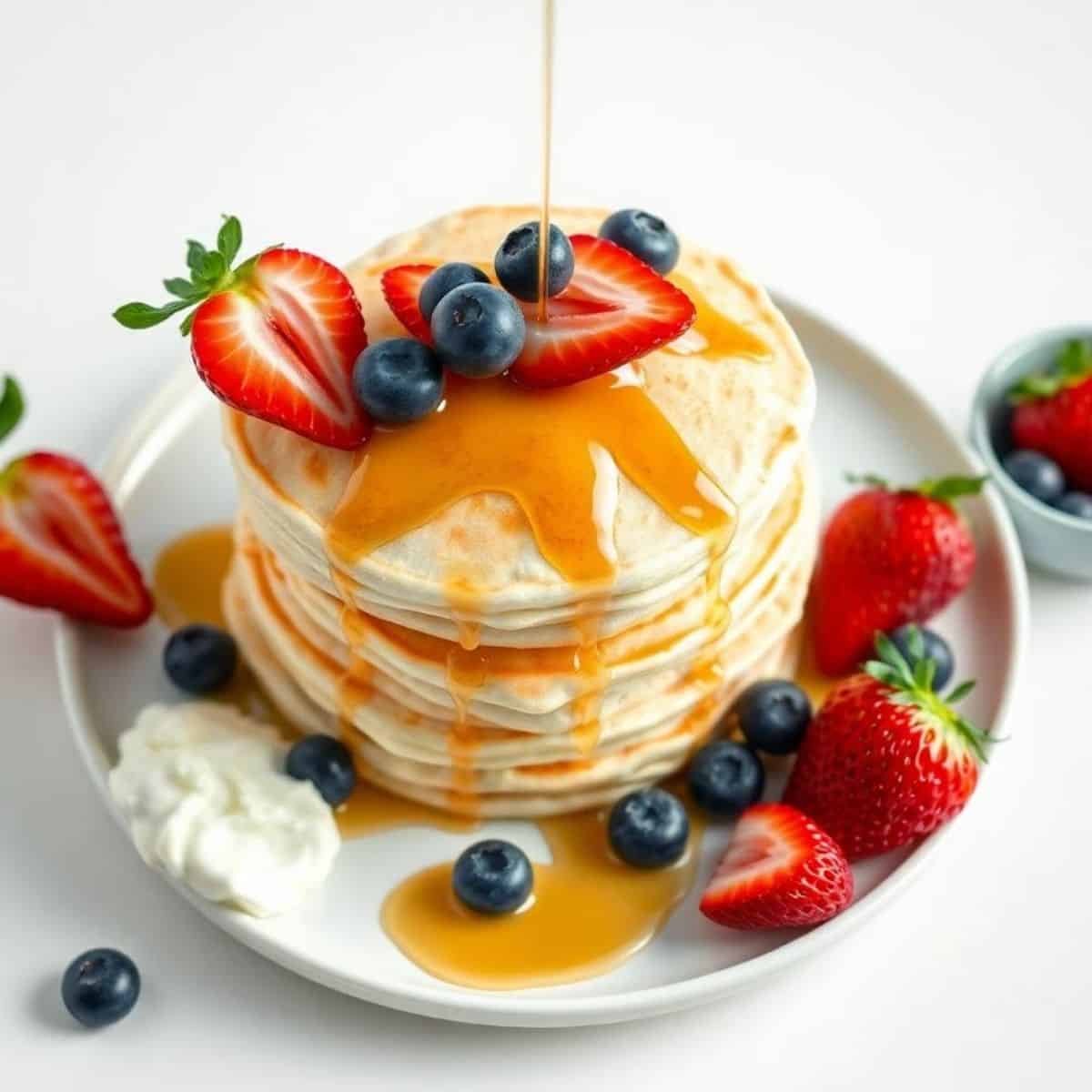 Fluffy Japanese soufflé pancakes topped with fresh strawberries and blueberries, drizzled with syrup.