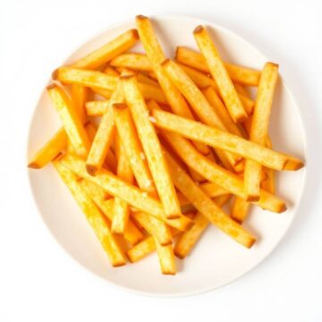 Golden French fries served on a white plate, perfect for snacking or as a side dish.