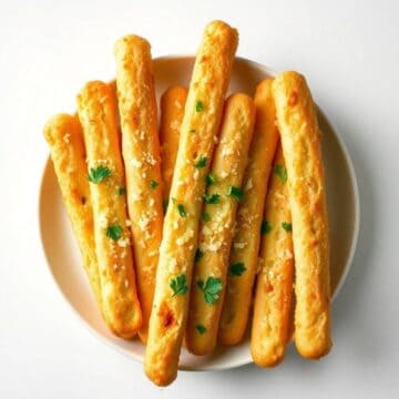 Delicious garlic Parmesan breadsticks garnished with fresh herbs, perfect for sharing or as a savory.