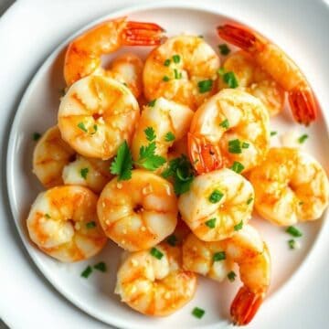 Delicious garlic Parmesan roasted shrimp garnished with fresh herbs on a white plate. Perfect for se.