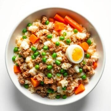 Delicious ground beef fried rice with vegetables and boiled egg.