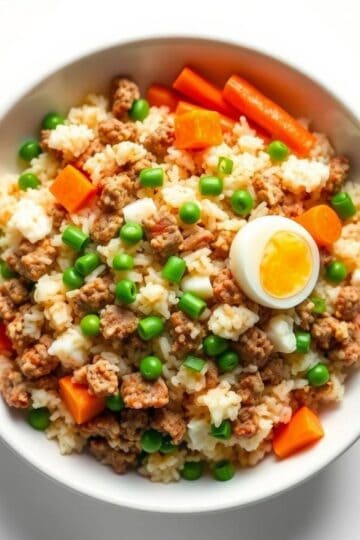 Delicious ground beef fried rice with vegetables and boiled egg.