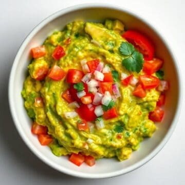Guacamole with fresh tomatoes and onions in a white bowl.