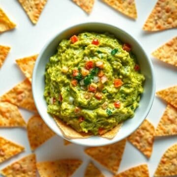 Guacamole with tomatoes and cilantro served with tortilla chips.