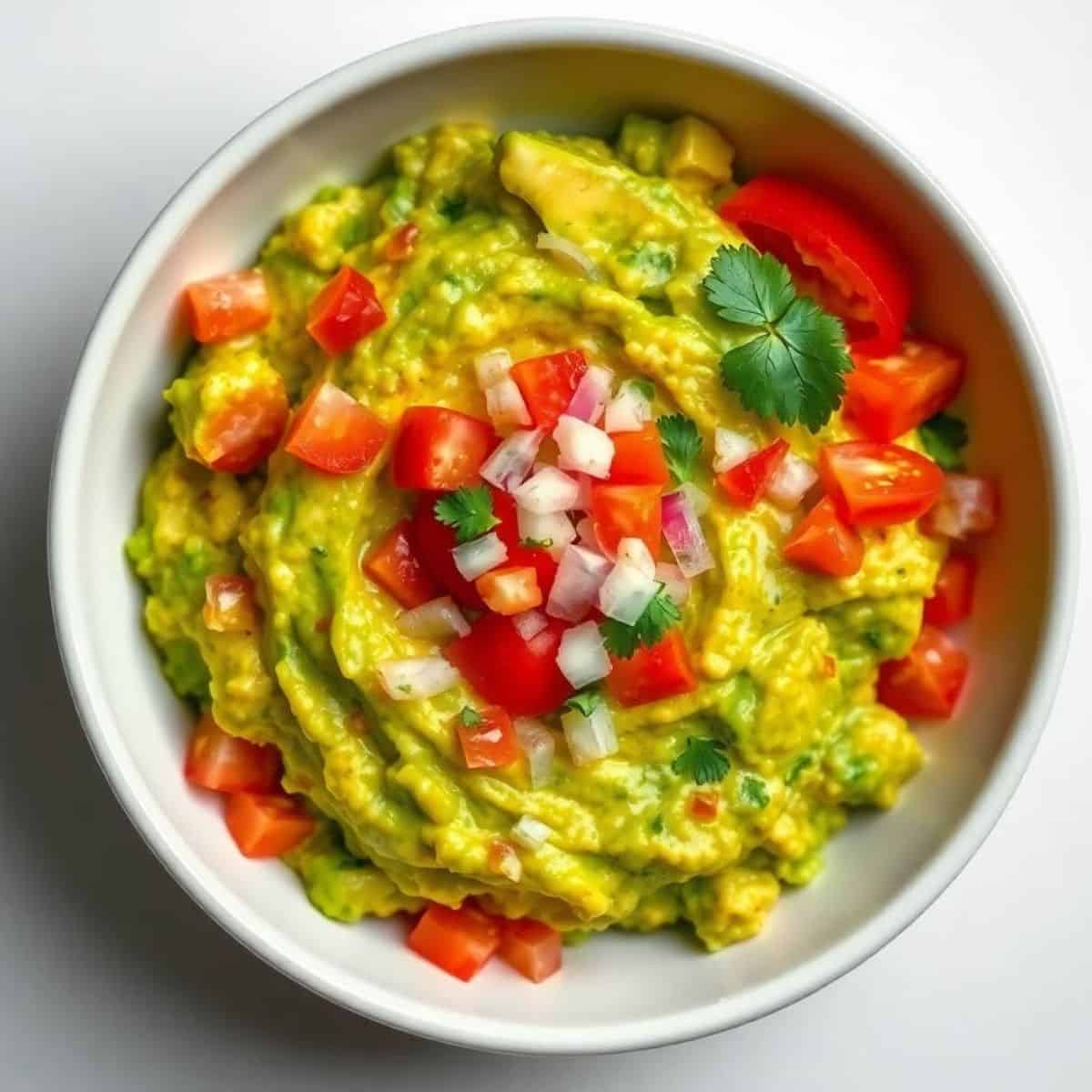Guacamole with fresh tomatoes and onions in a white bowl.