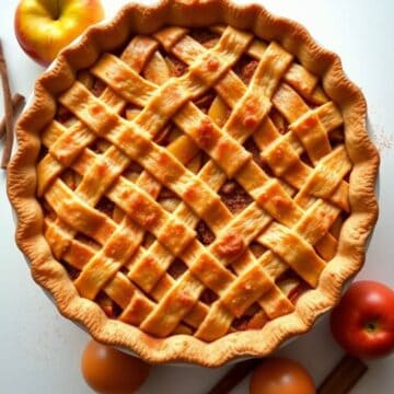 Delicious homemade apple pie with a golden lattice crust, perfect for fall desserts and family gathe.