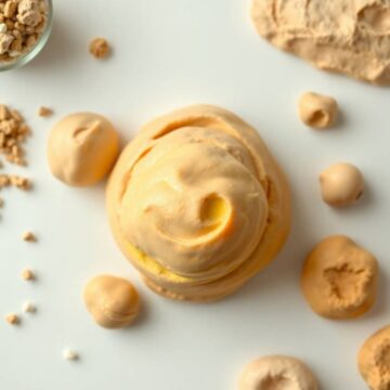 Homemade modeling clay in a swirl shape with scattered small balls and chunks around it.