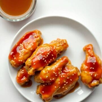 Glazed chicken wings with sesame seeds and dipping sauce on white plate.