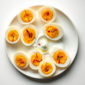 Delicious jammy eggs topped with chili flakes and served with garlic yogurt on a white plate.