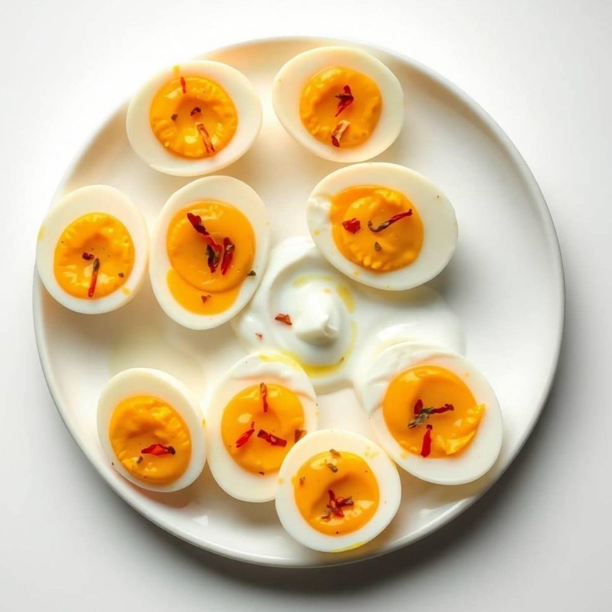 Delicious jammy eggs topped with chili flakes and served with garlic yogurt on a white plate.