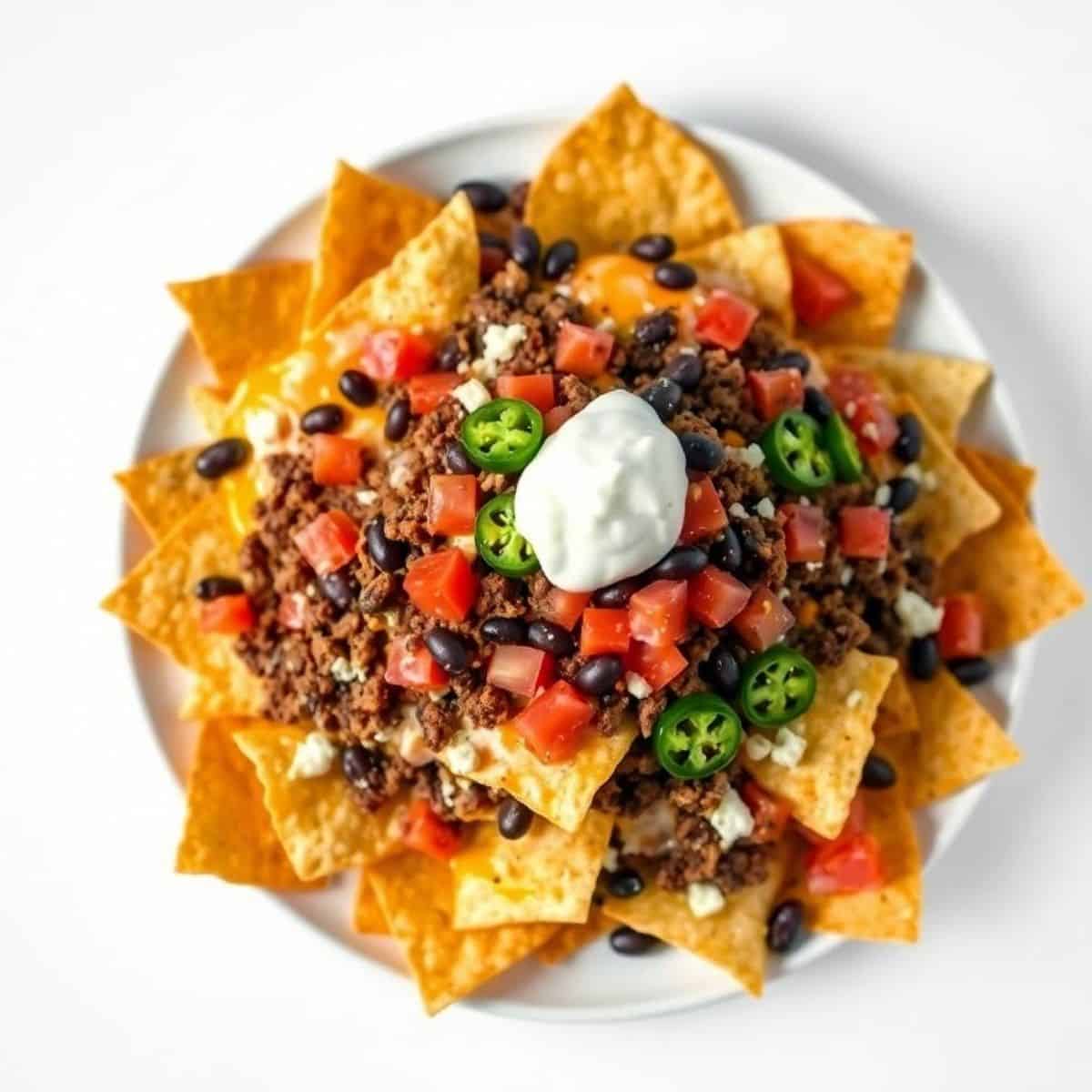 Loaded nachos with seasoned ground beef, black beans, diced tomatoes, jalapeños, cheese, and sour cream on white plate.