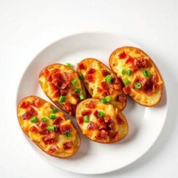 Loaded potato skins with cheese, bacon, and green onions on a white plate.