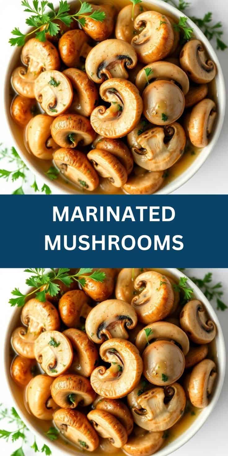 Bowl of marinated mushrooms garnished with fresh herbs, perfect for salads or snacks.