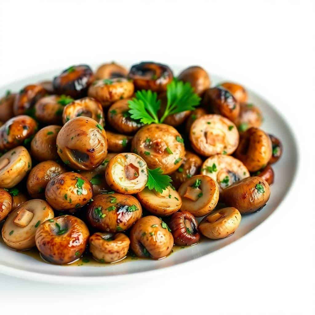 Marinated mushrooms garnished with parsley on a white plate.