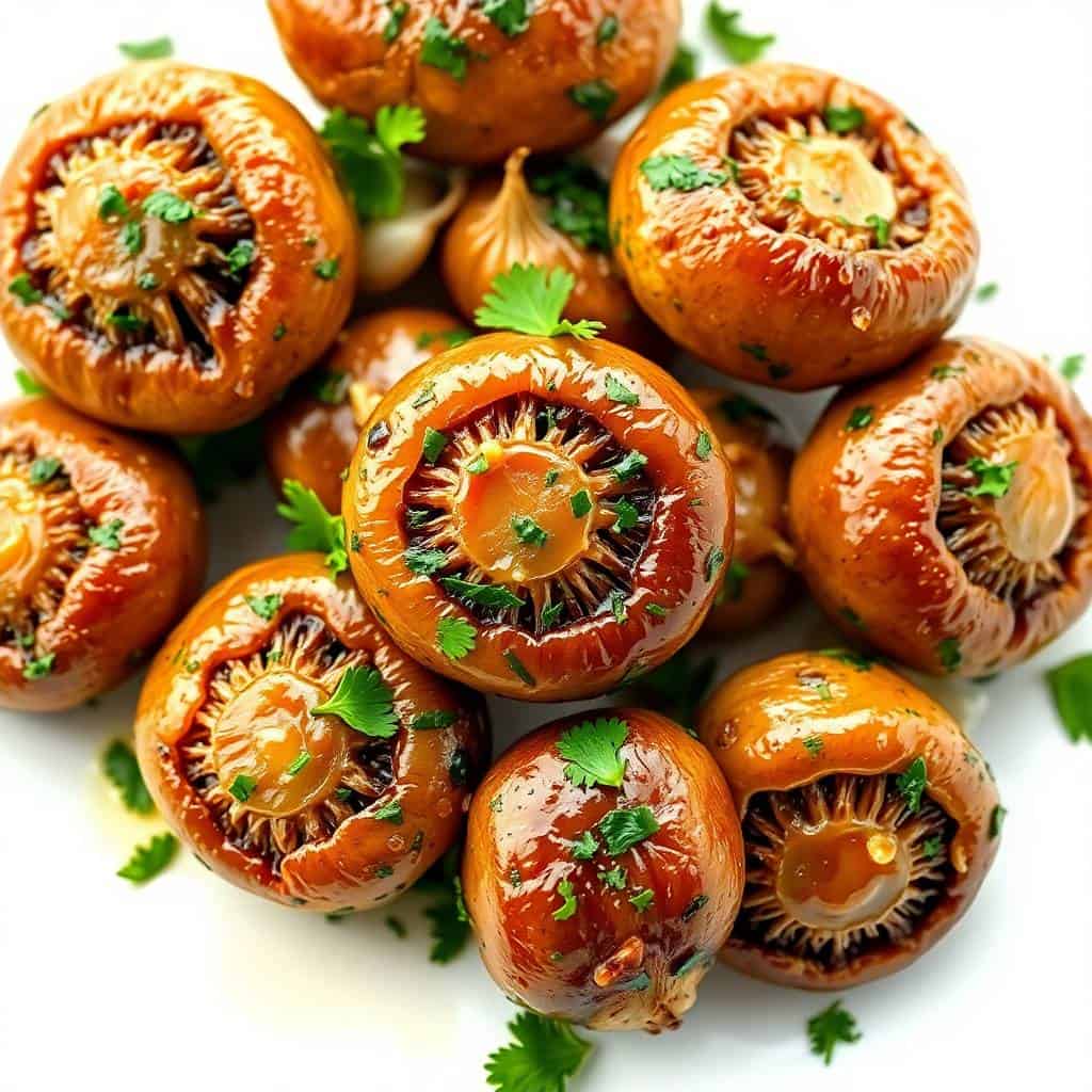Close-up of marinated mushrooms garnished with fresh herbs.