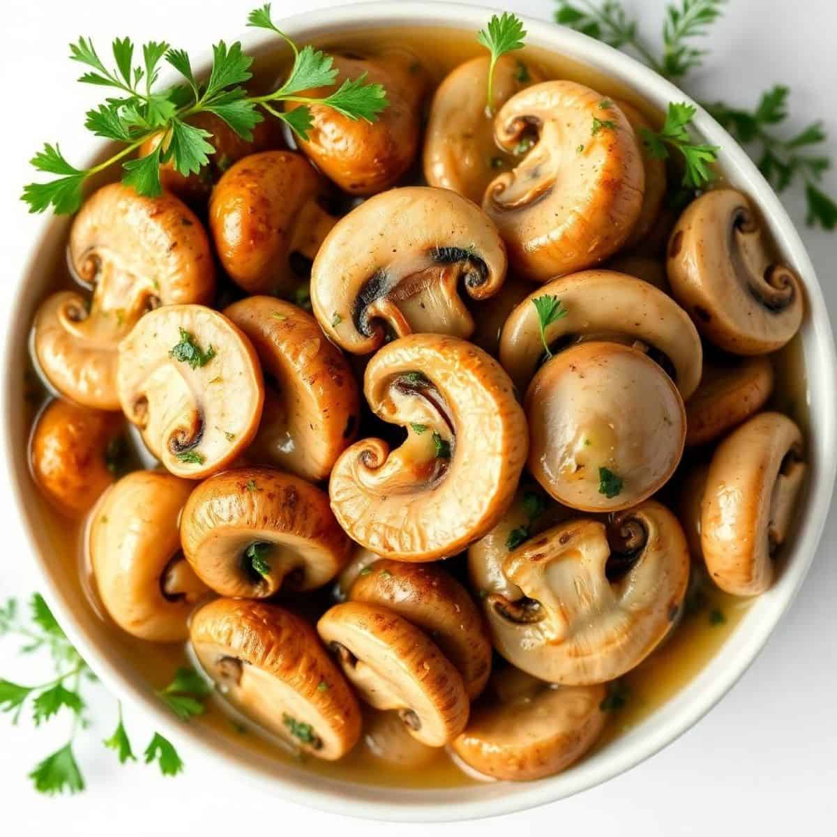 Marinated mushrooms with herbs in a white bowl, perfect for appetizers or salads.