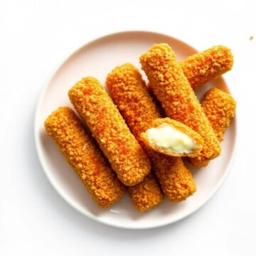 Delicious crispy mozzarella sticks with gooey cheese center on a white plate.