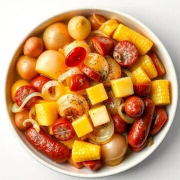 Fresh onion boil with cherry tomatoes and cheese cubes.