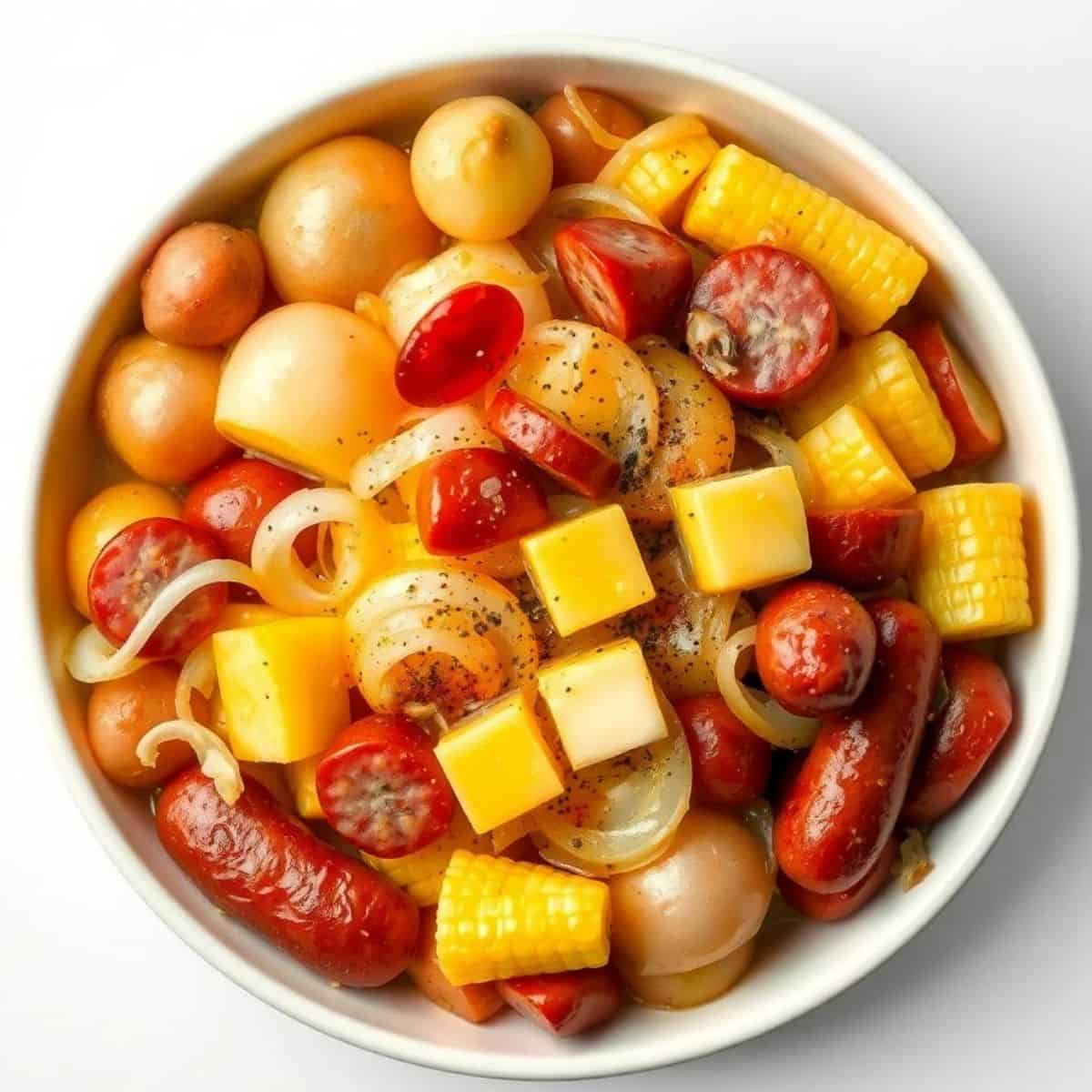 Fresh onion boil with cherry tomatoes and cheese cubes.