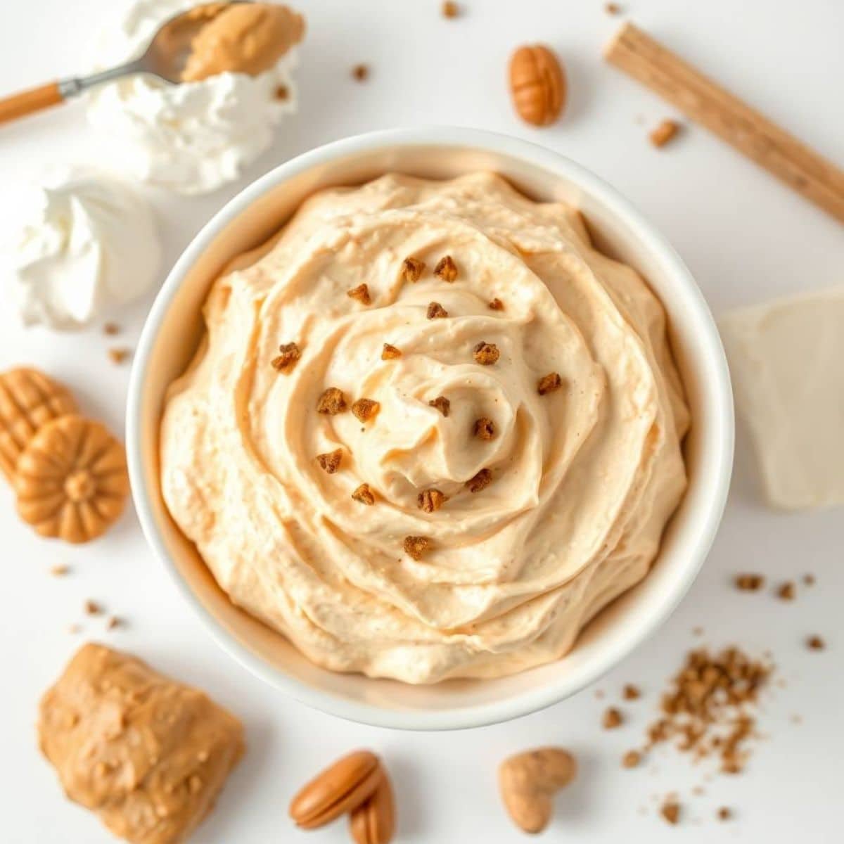 Creamy peanut butter fluff in a bowl with cookie toppings.