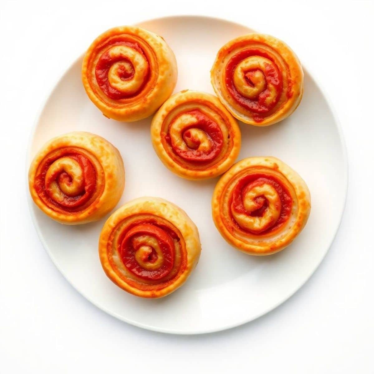 Delicious pepperoni pizza rolls with melted cheese on a white plate.