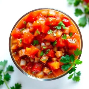 Fresh pico de gallo salsa with tomatoes, onions, and cilantro in a glass bowl.