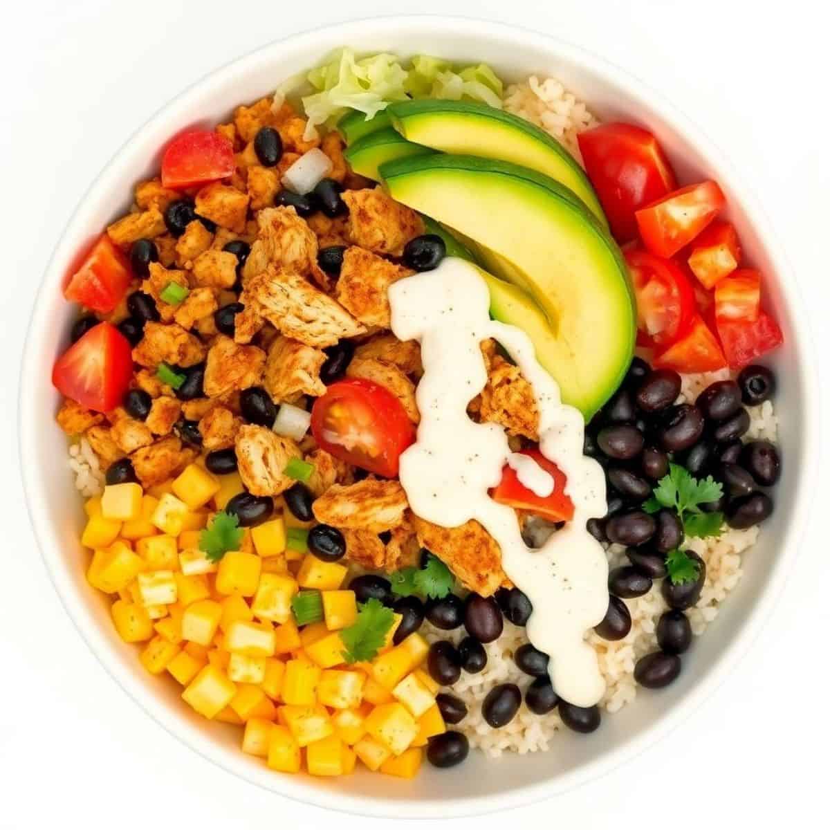 Colorful chicken burrito bowl with avocado, tomatoes, black beans, corn, and rice.
