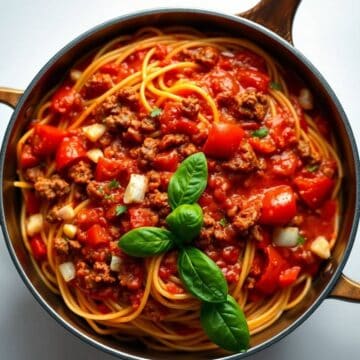 Delicious pot spaghetti topped with savory meat sauce and fresh basil. Perfect comfort food for past.