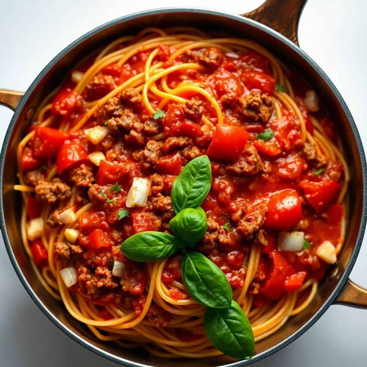 Delicious pot spaghetti topped with savory meat sauce and fresh basil. Perfect comfort food for past.