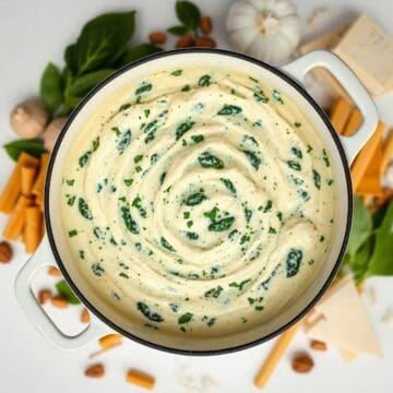 Creamy spinach and artichoke dip in a white bowl, garnished with chopped herbs, perfect for parties.