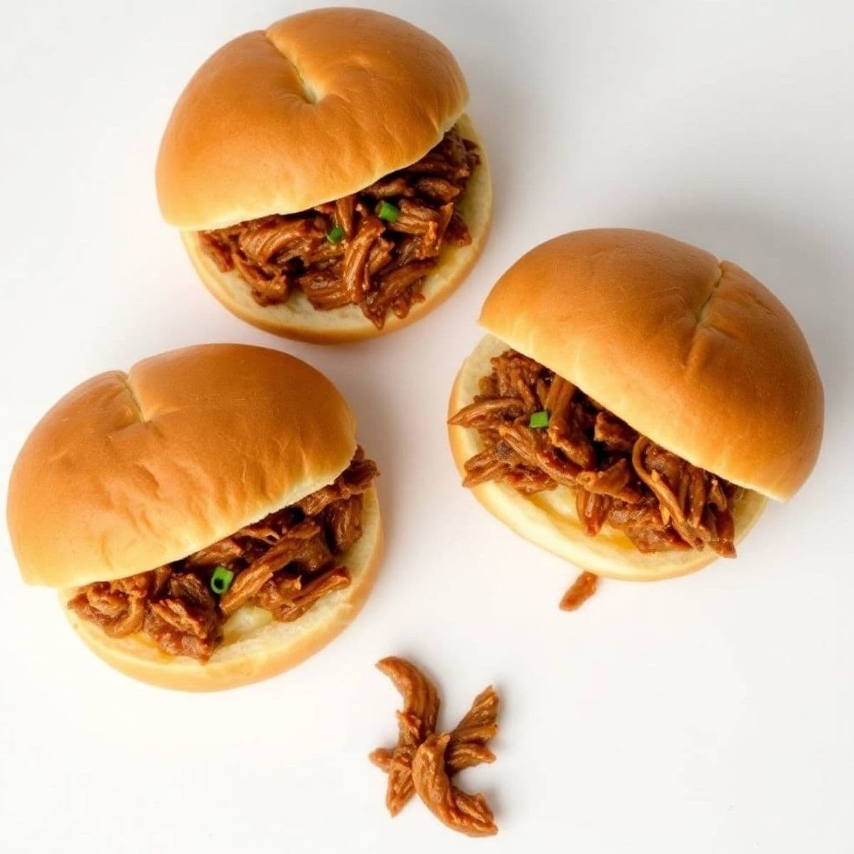 Three pulled pork sandwiches on brioche buns with green onion garnish, arranged on white background.