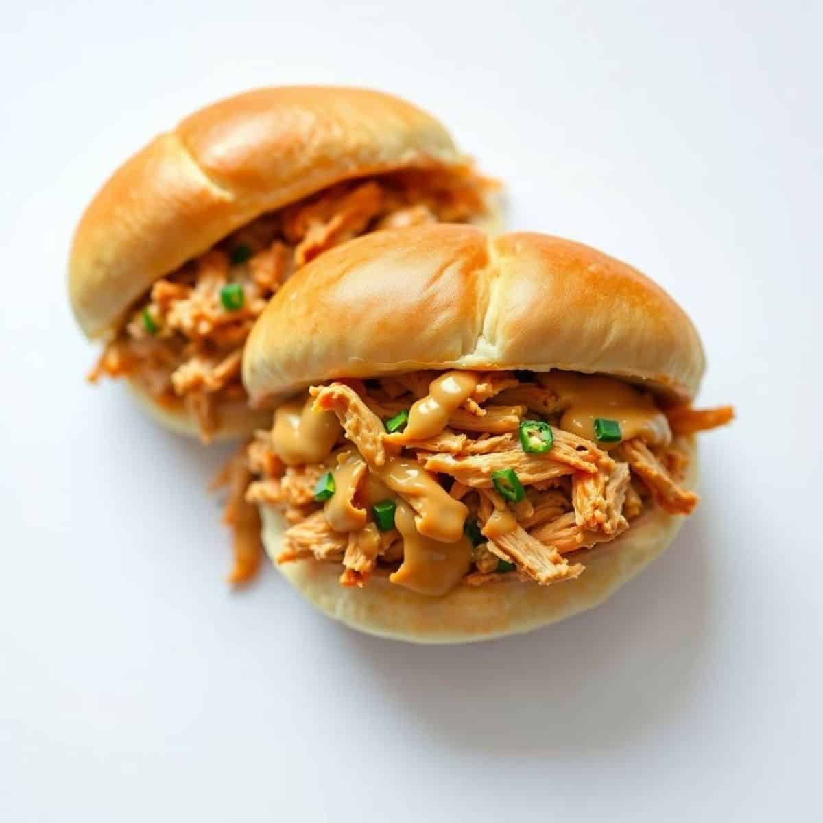 Two pulled chicken sandwiches on brioche buns with shredded meat and green onion garnish.