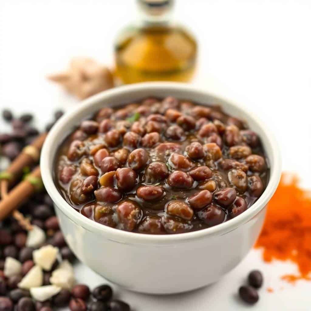 Delicious refried black beans in a white bowl, perfect for Mexican dishes.