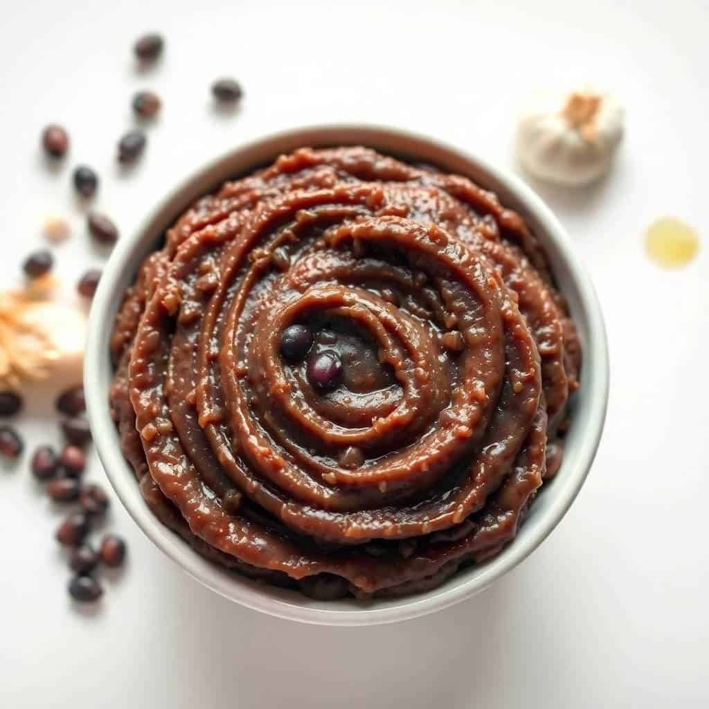 Delicious refried black beans in a bowl, perfect for Mexican dishes.