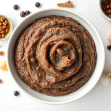 Refried black beans in a white bowl, perfect for Mexican dishes and side meals.
