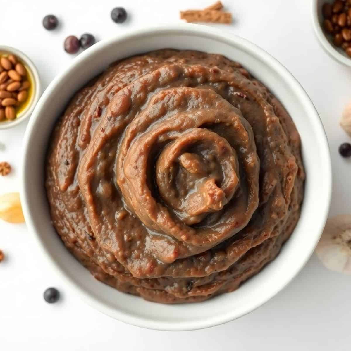 Refried black beans in a white bowl, perfect for Mexican dishes and side meals.