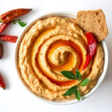 Vegan roasted red pepper hummus with a swirl of olive oil and fresh herbs.