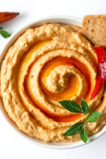 Vegan roasted red pepper hummus with a swirl of olive oil and fresh herbs.