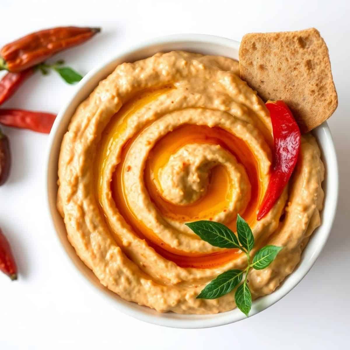 Vegan roasted red pepper hummus with a swirl of olive oil and fresh herbs.
